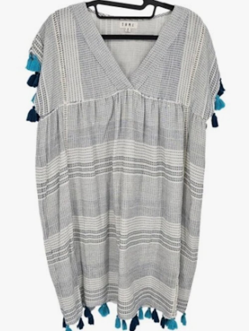 ANTHROPOLOGIE THML WHITE/BLUE STRIPE BOHO V-NECK CAP SLEEVE EMPIRE TASSEL DRESS